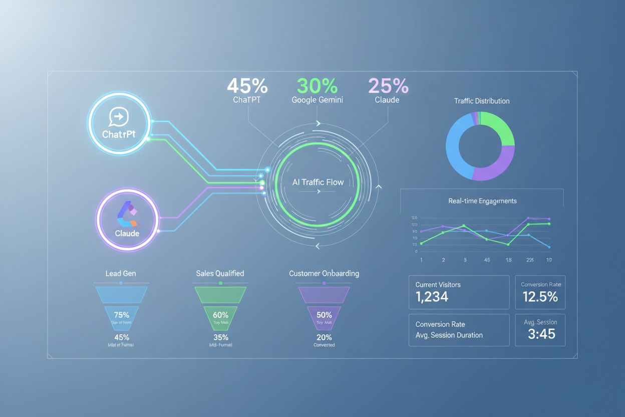 AI Traffic Attribution Dashboard showing ChatGPT, Gemini, and Claude traffic sources flowing into analytics dashboard