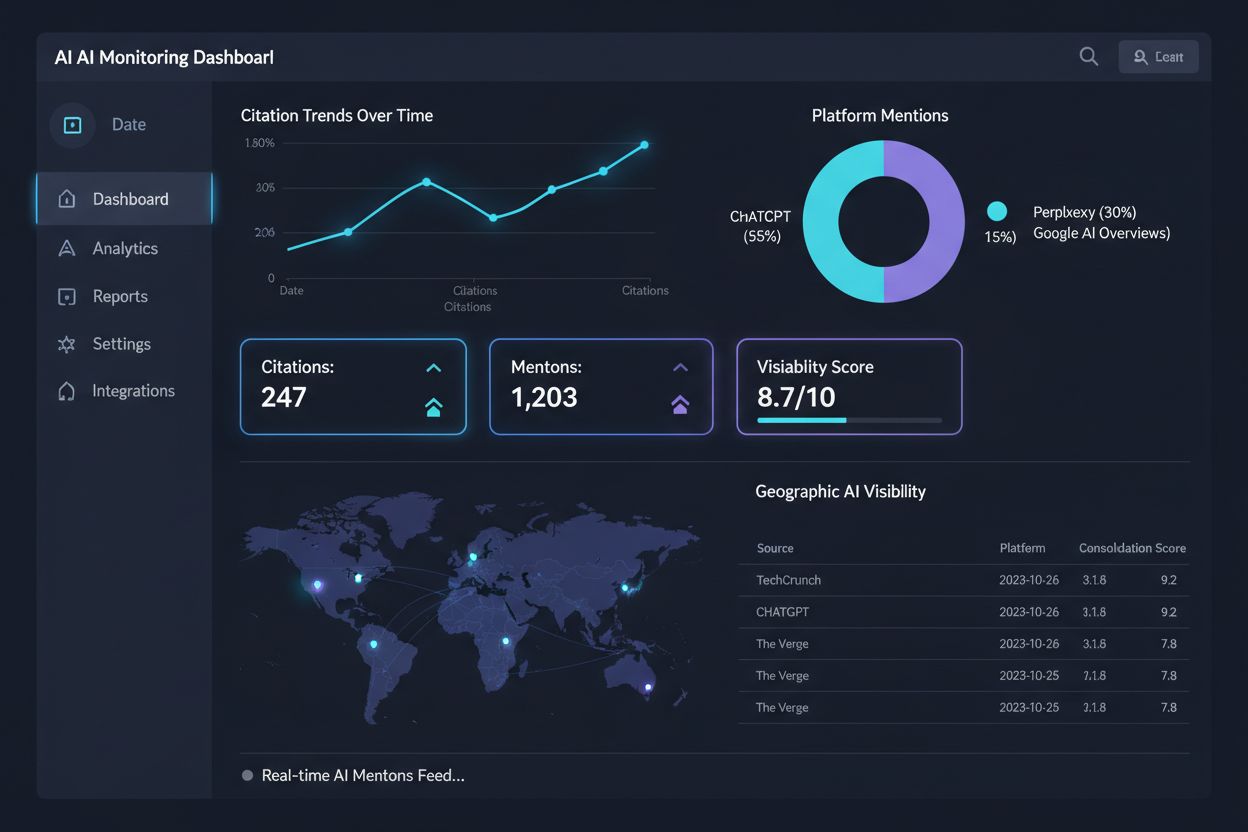 AI monitoring dashboard showing citation trends and visibility metrics across platforms