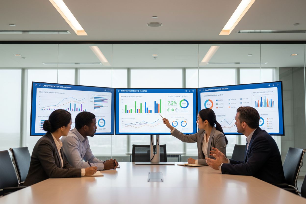 Business team reviewing competitive intelligence