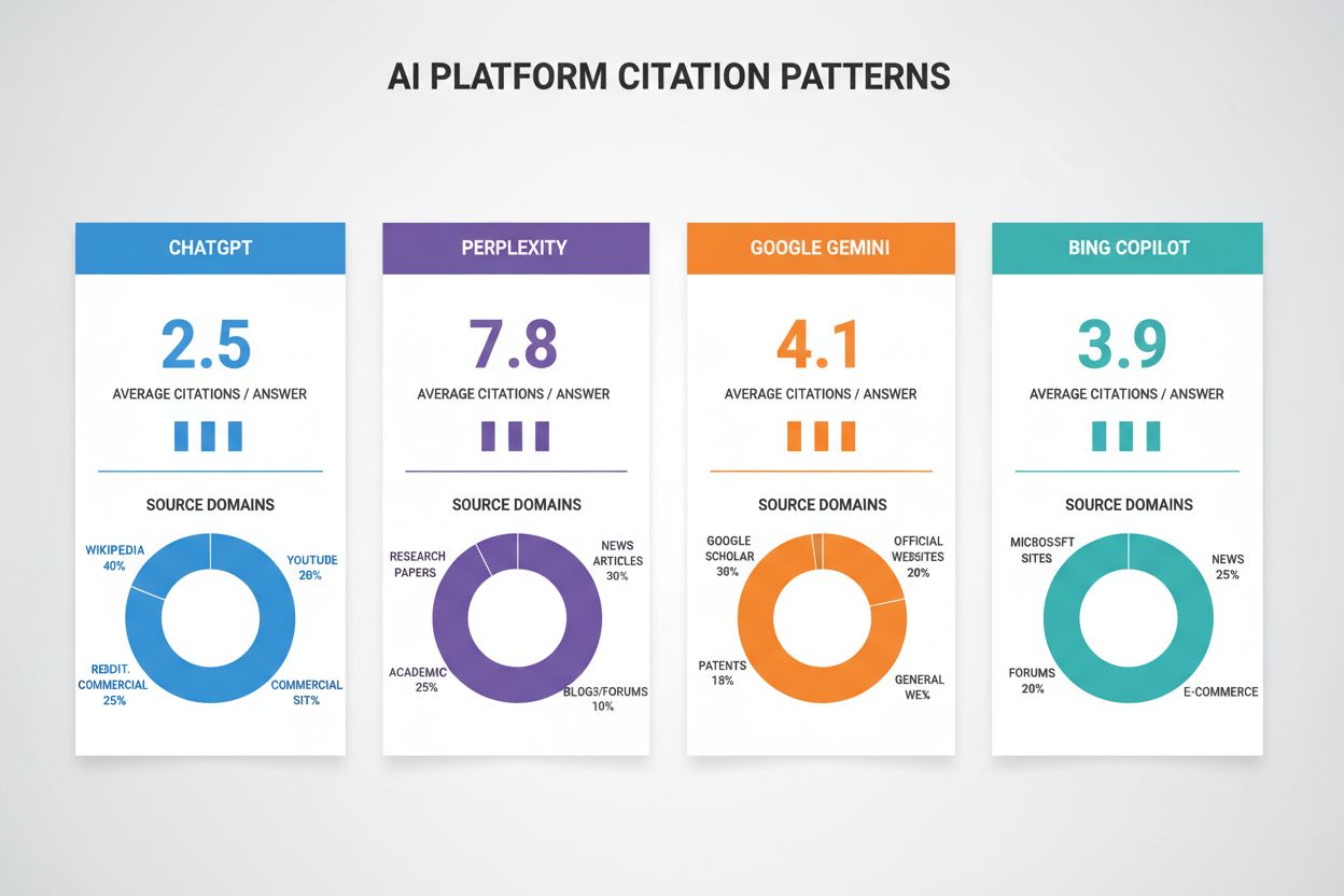 Multi-platform AI citation comparison showing Perplexity, ChatGPT, Gemini, and Bing Copilot patterns