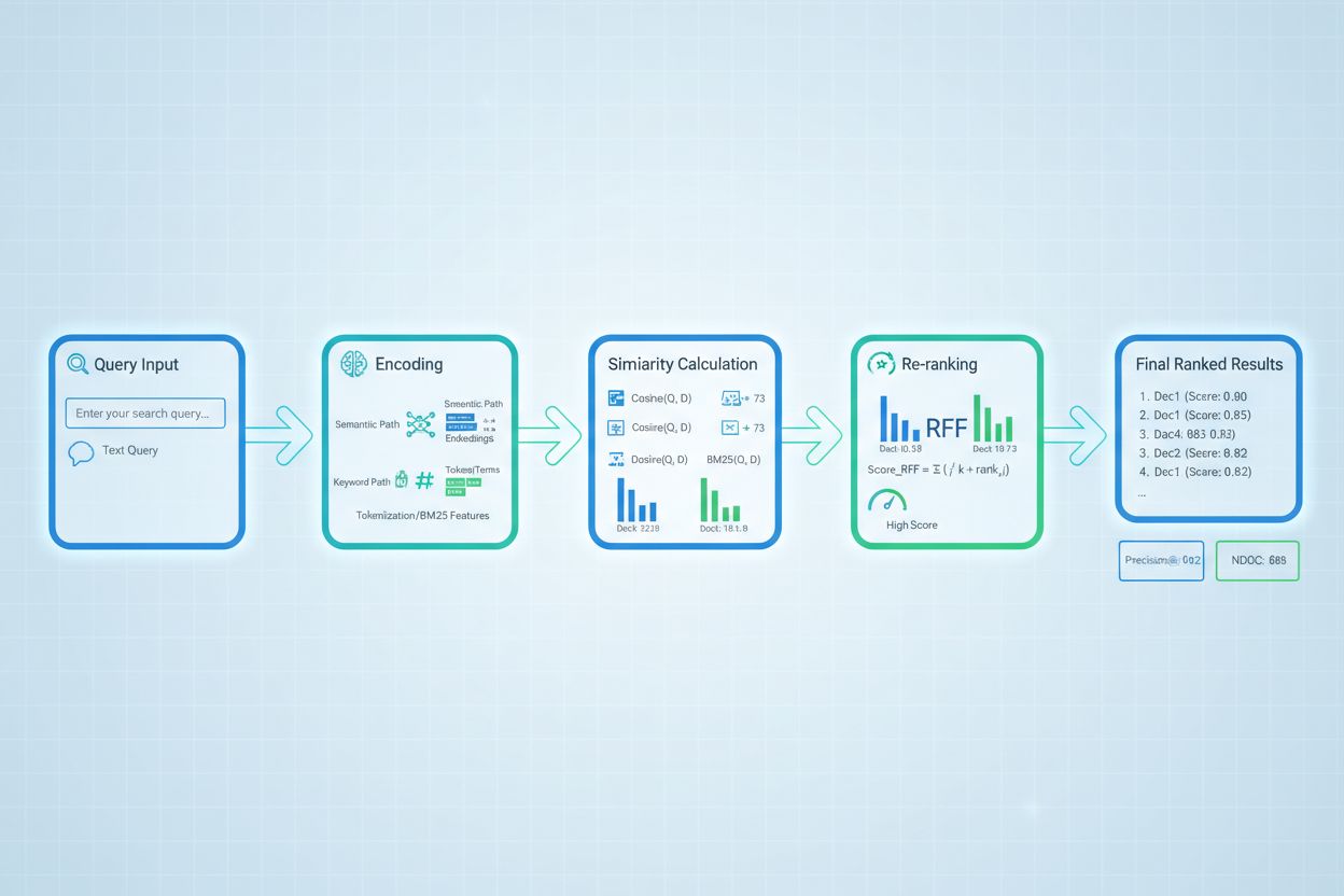 Retrieval Scoring Pipeline showing query encoding, similarity calculation, scoring, and re-ranking stages