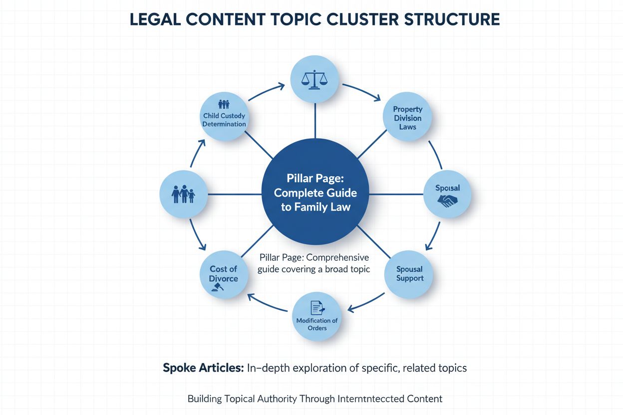 Topic cluster diagram showing pillar page with spoke articles radiating outward