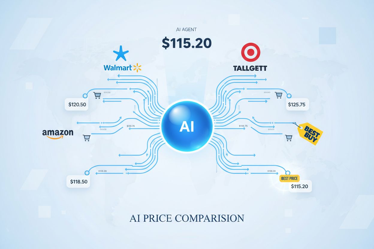 AI Price Comparison Interface showing multiple retailers and price analysis