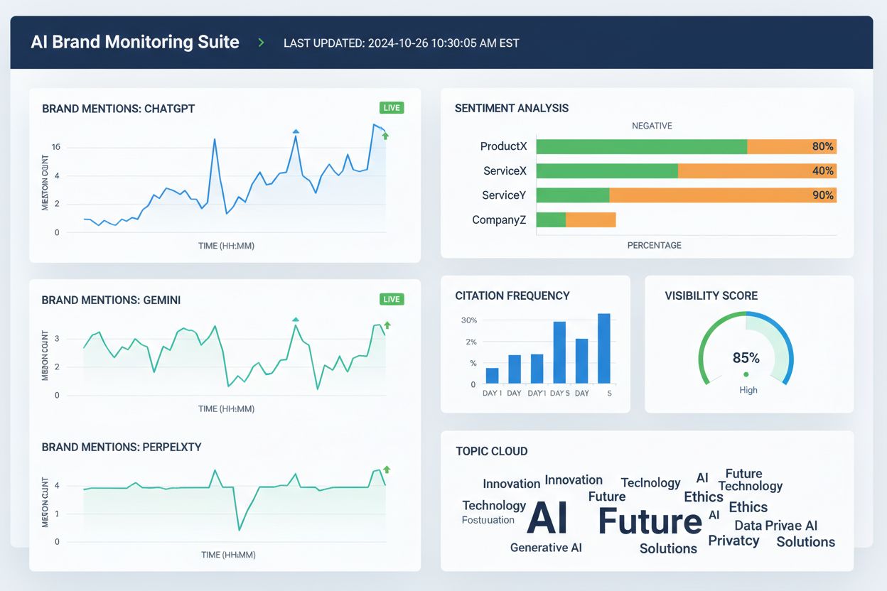 AI Brand Monitoring Dashboard showing metrics across ChatGPT, Gemini, and Perplexity platforms