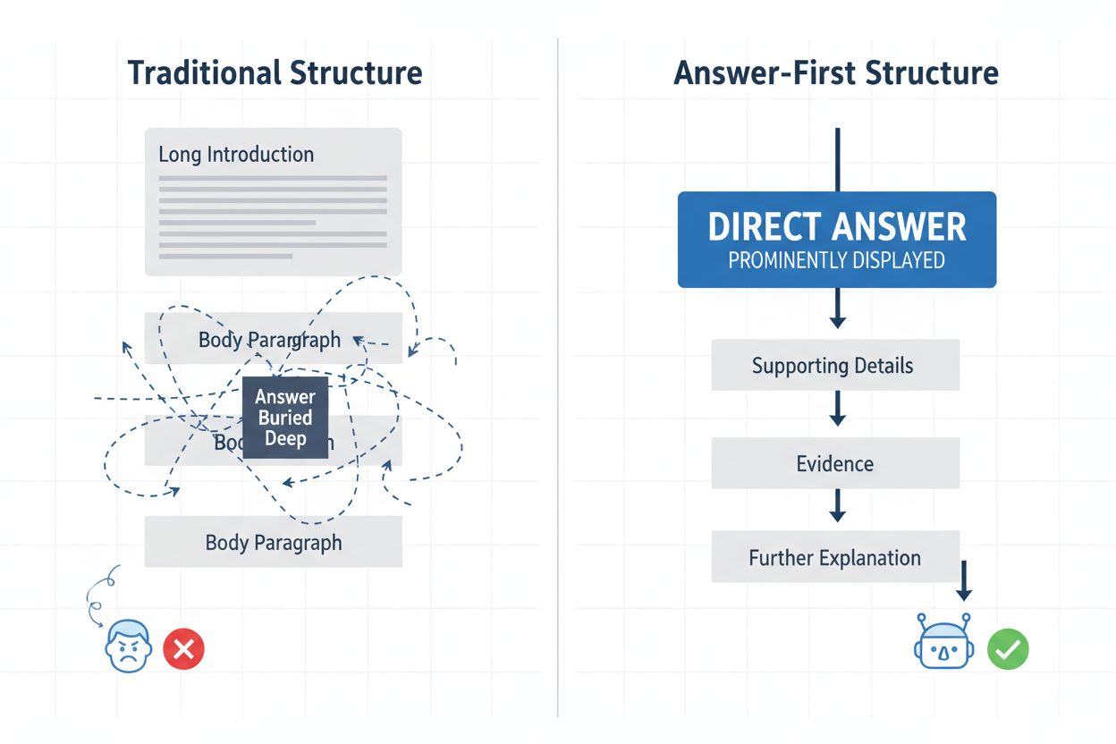 Comparison of traditional content structure versus answer-first content structure showing how information is organized differently