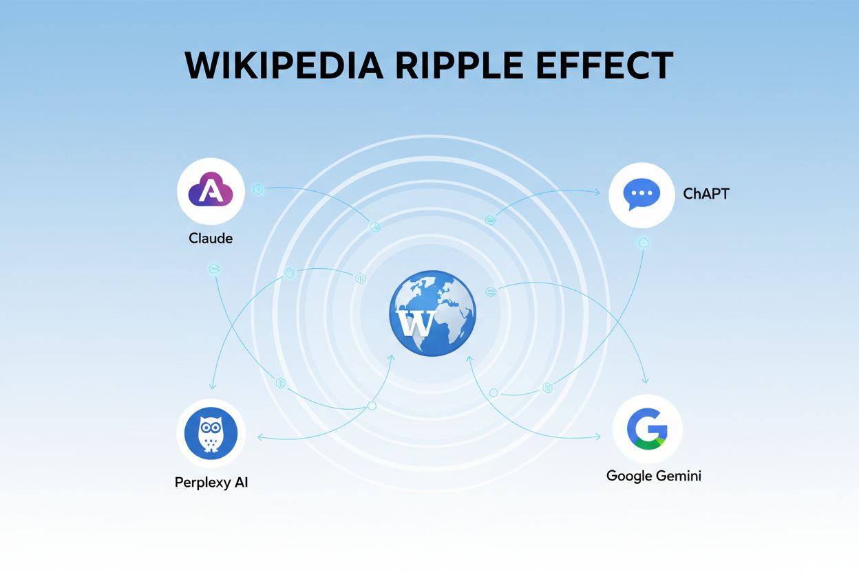 Wikipedia Ripple Effect concept showing information cascading from Wikipedia to multiple AI platforms