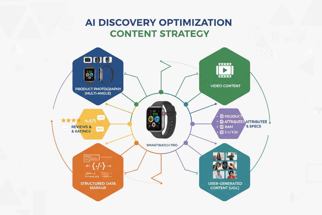 Content Optimization for AI Discovery showing product photography, video, reviews, attributes, and structured data