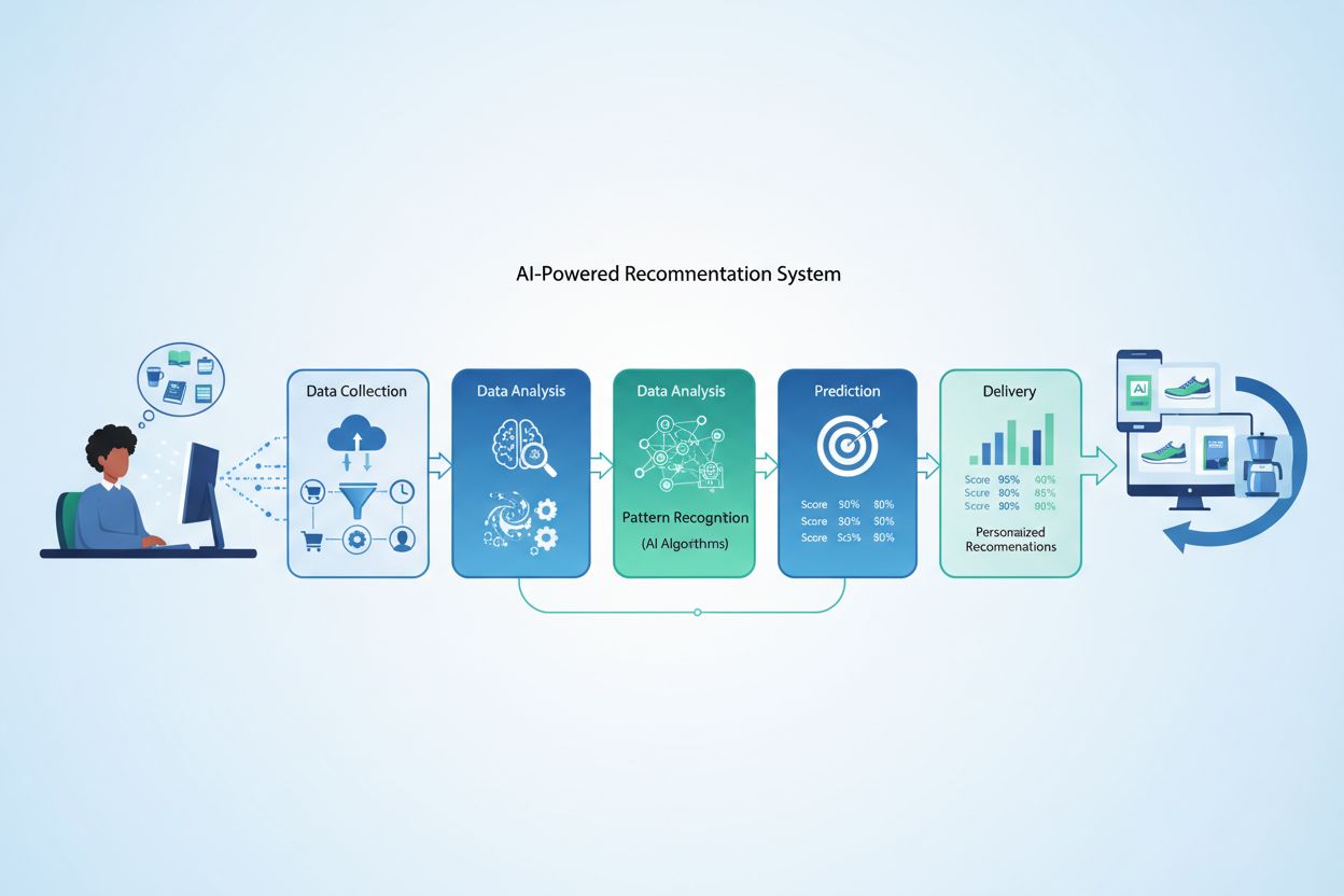 AI recommendation system data flow showing five phases: data collection, analysis, pattern recognition, prediction, and delivery
