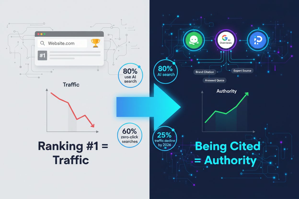 Comparison of traditional SEO vs AI visibility showing the shift from ranking to citations