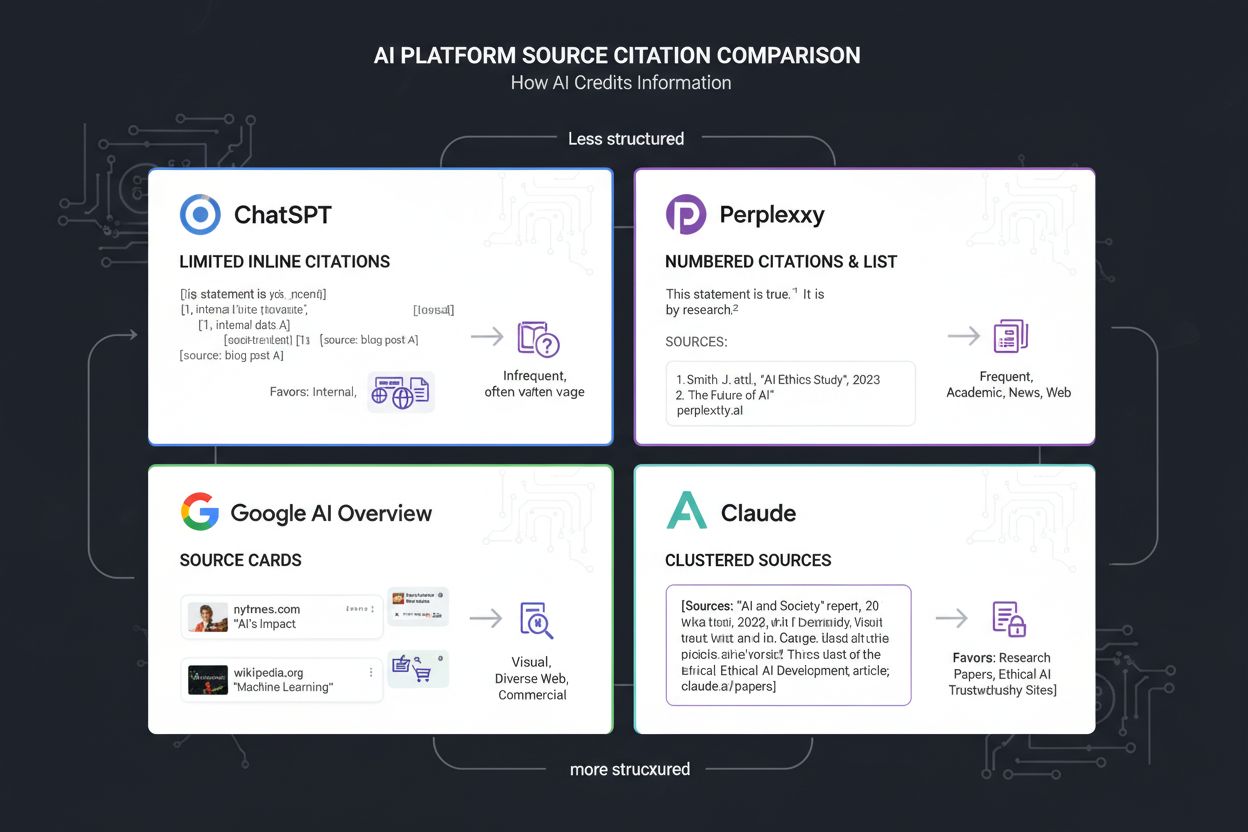 Comparison of AI platforms showing different citation methods and source preferences