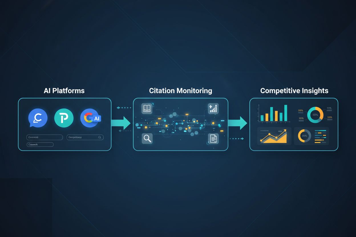 AI Citation Monitoring Workflow showing data flow from AI platforms to insights