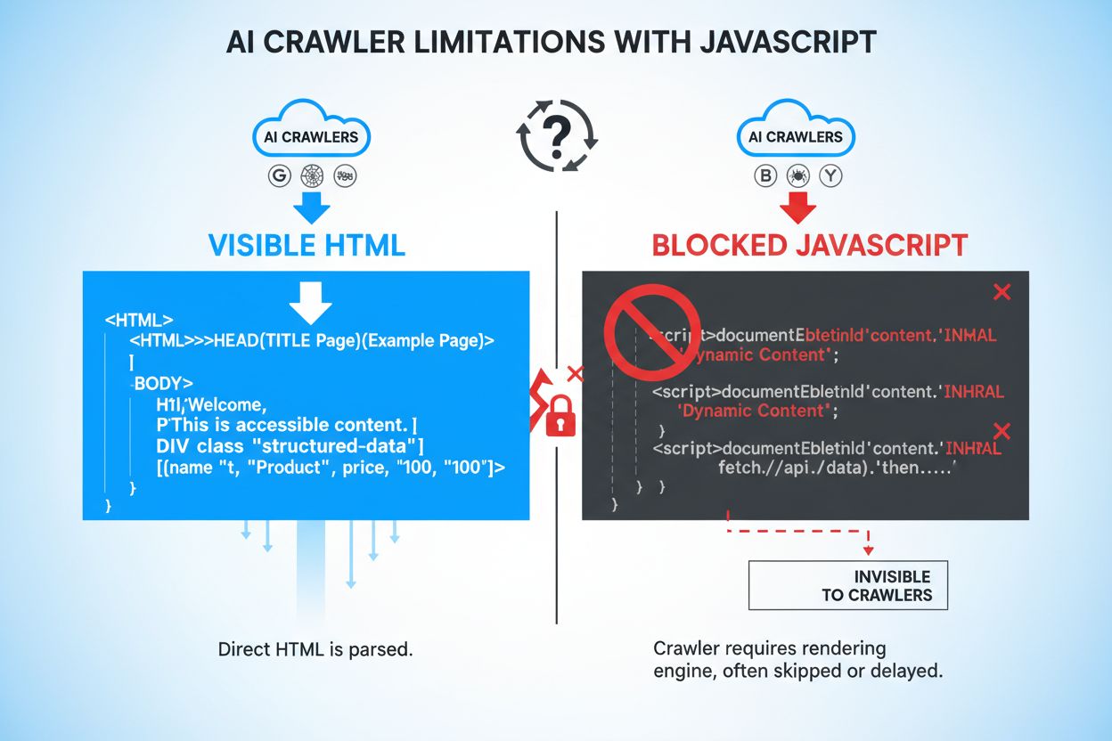 AI Crawler vs JavaScript Execution - showing how AI crawlers see only HTML while JavaScript code is blocked