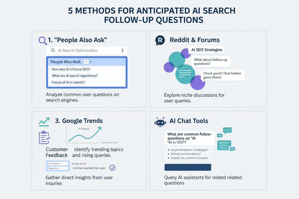Infographic showing 5 methods for identifying anticipated follow-up questions in AI search