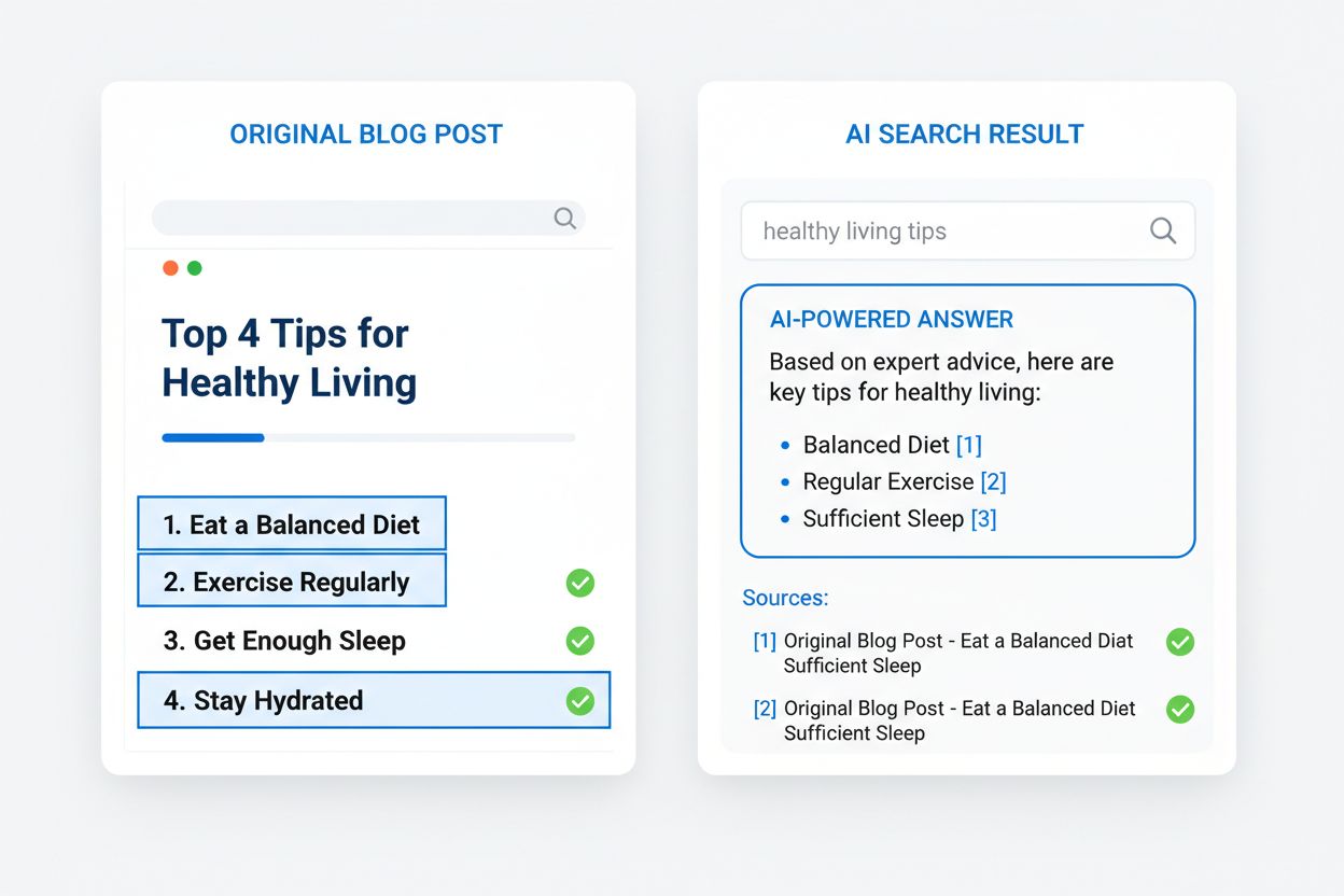 Split-screen showing listicle extraction in AI search with original blog post and AI answer interface with citations
