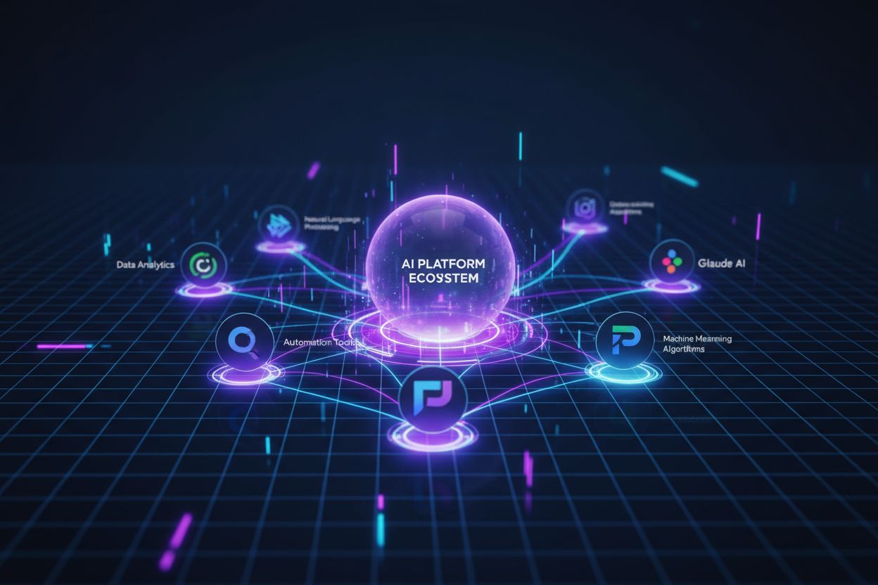 Interconnected AI Platform Ecosystem showing multiple AI assistants connected through data flows