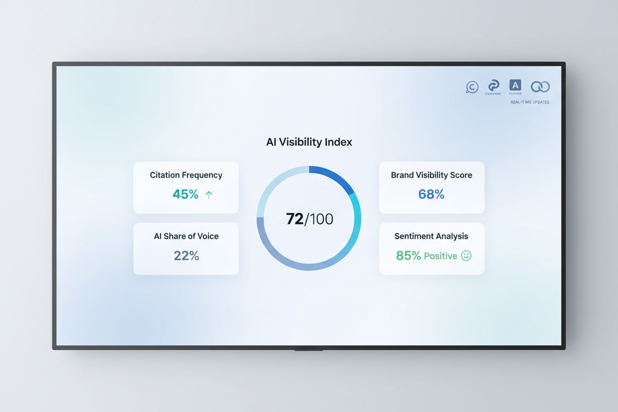 AI Visibility Index Dashboard showing citation frequency, brand visibility score, AI share of voice, and sentiment metrics