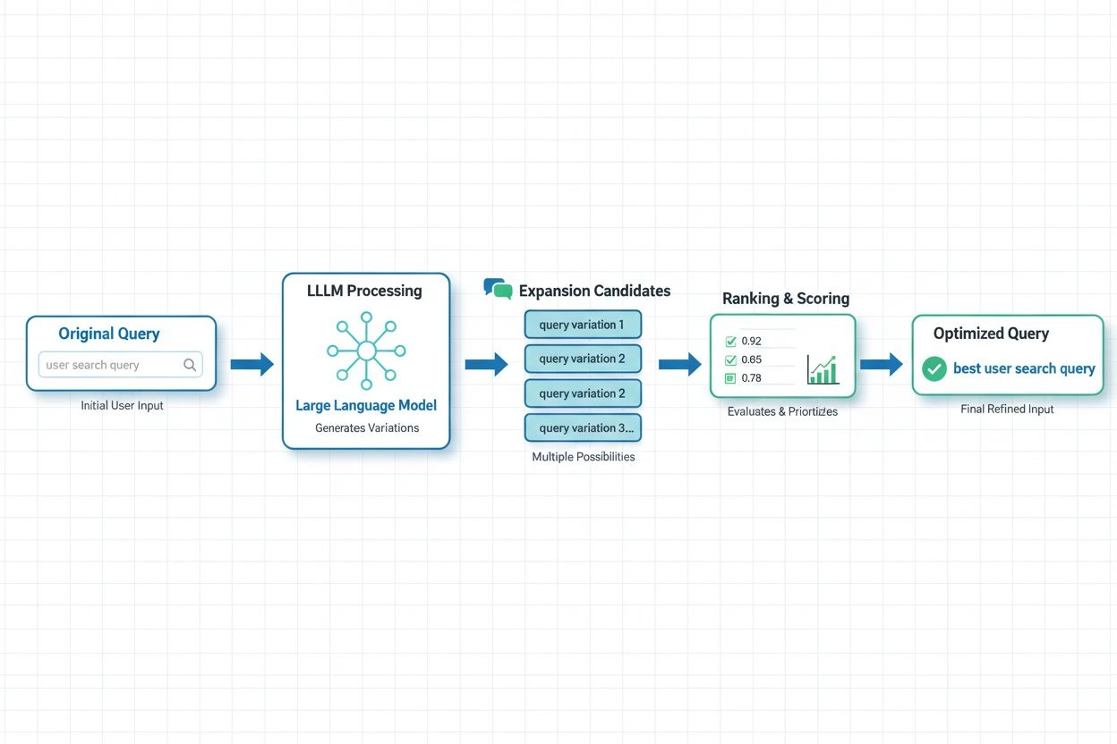LLM-based query expansion process flowchart showing stages from original query to optimized query