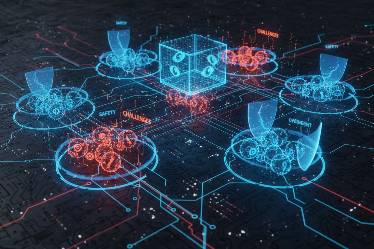 Complex network of AI agents showing challenges, risks, and safety oversight mechanisms