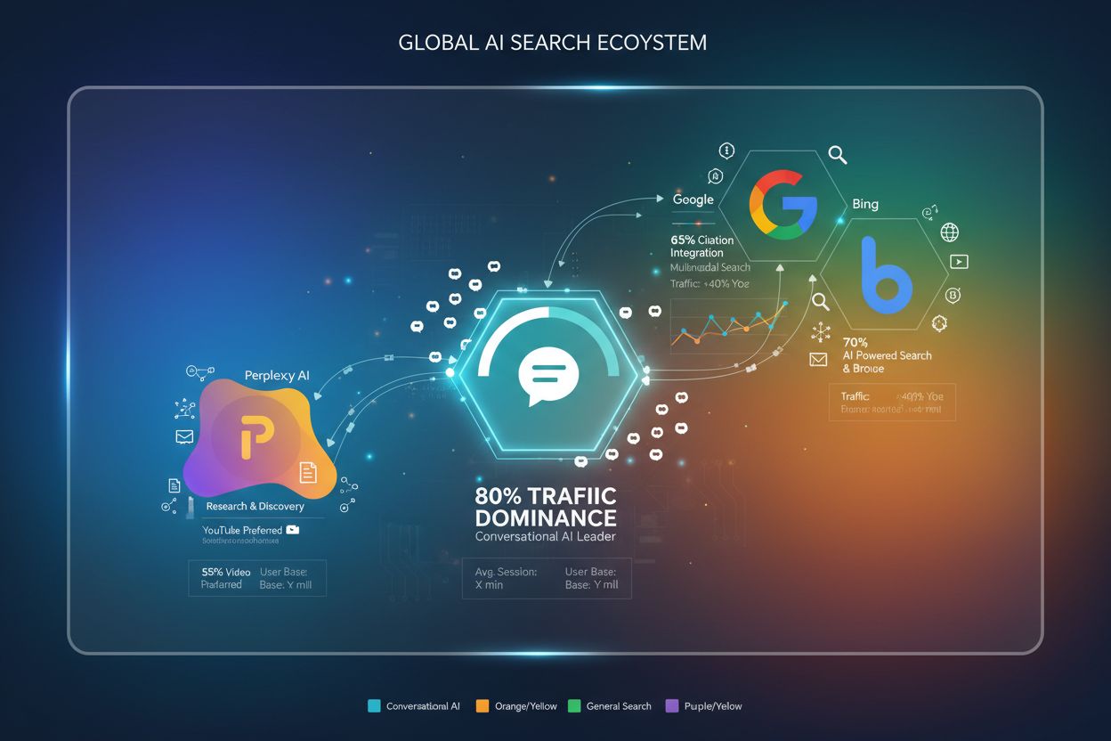 AI platform ecosystem showing ChatGPT, Google Gemini, Perplexity, and Bing with citation patterns and traffic metrics