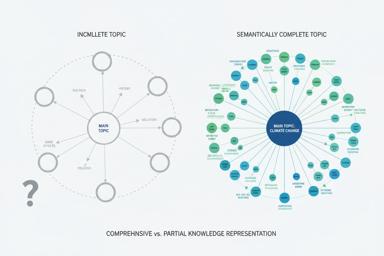 Diagramma di completezza semantica che mostra copertura di argomenti completa vs incompleta con nodi interconnessi