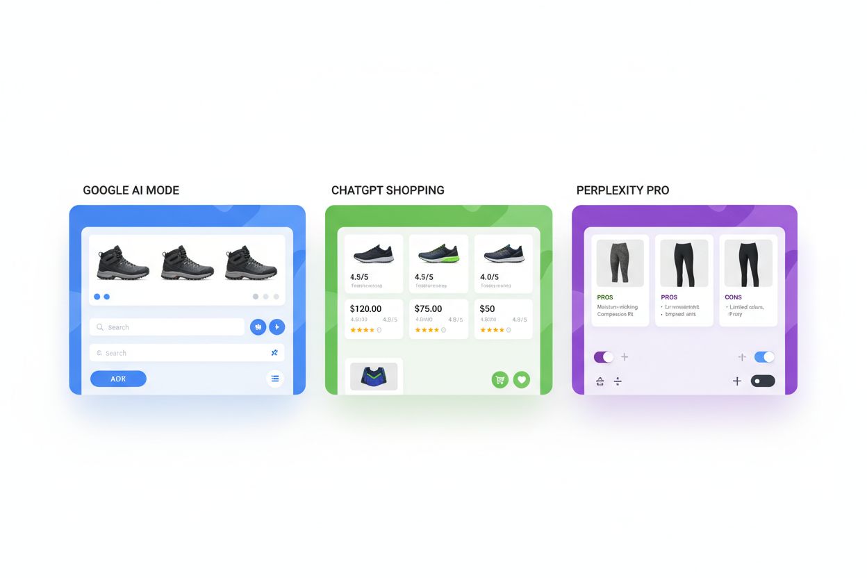 AI Shopping Platforms Interface showing Google AI Mode, ChatGPT Shopping, and Perplexity Pro side by side