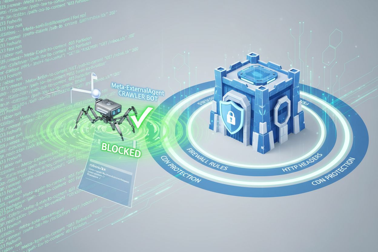 Website protection and crawler blocking mechanisms showing shield, firewall rules, and blocked Meta-ExternalAgent bot