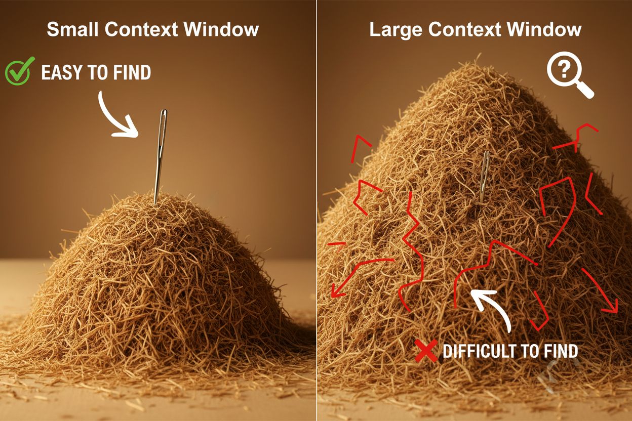 Needle in haystack problem showing difficulty finding information in large context windows
