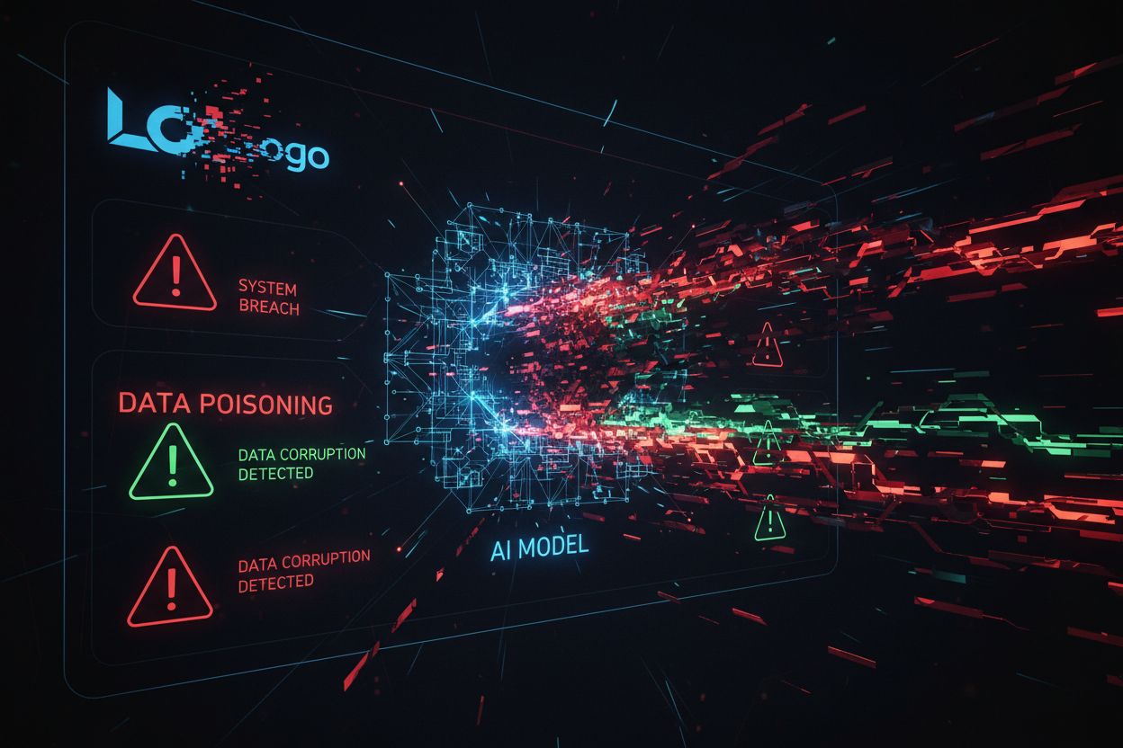 Digital illustration of competitive sabotage targeting AI systems with poisoned data streams attacking neural networks