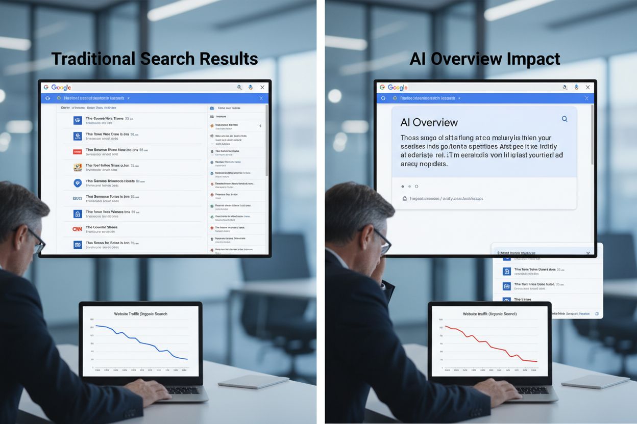AI Overviews impact on publisher traffic showing split screen comparison