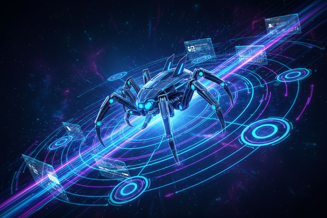 Web crawler spider bot crawling across interconnected network nodes and data streams