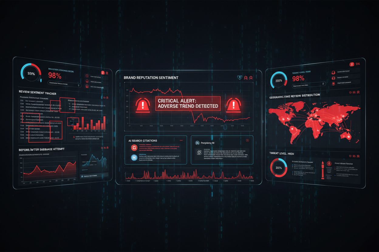 Modern AI monitoring dashboard showing real-time brand reputation metrics and threat detection