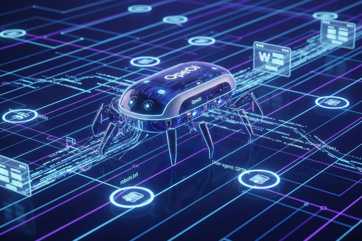 GPTBot web crawler navigating through interconnected websites and data nodes