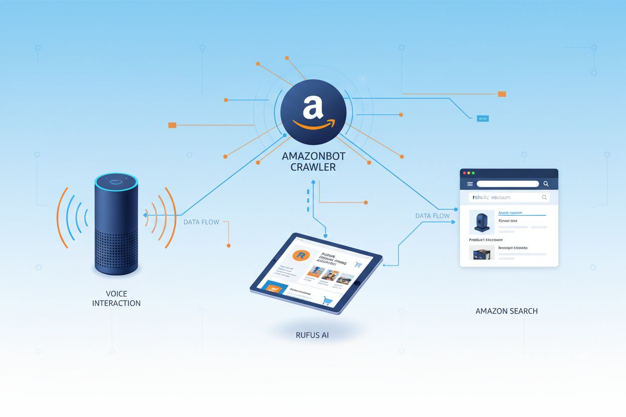 Amazonbot web crawler ecosystem showing connections to Alexa, Rufus shopping assistant, and Amazon search