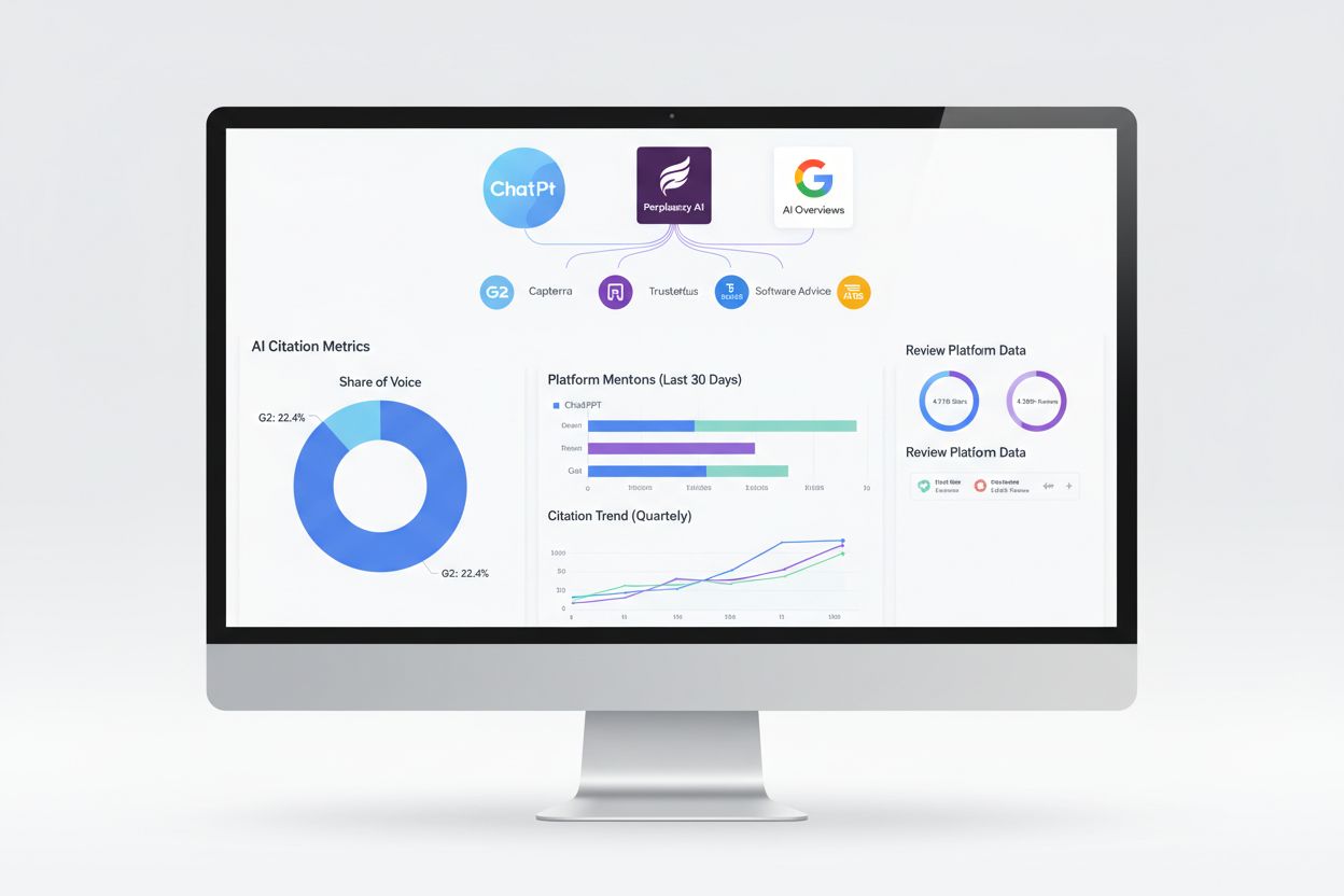 AI citation tracking dashboard showing ChatGPT, Perplexity, and Google AI Overviews citation metrics