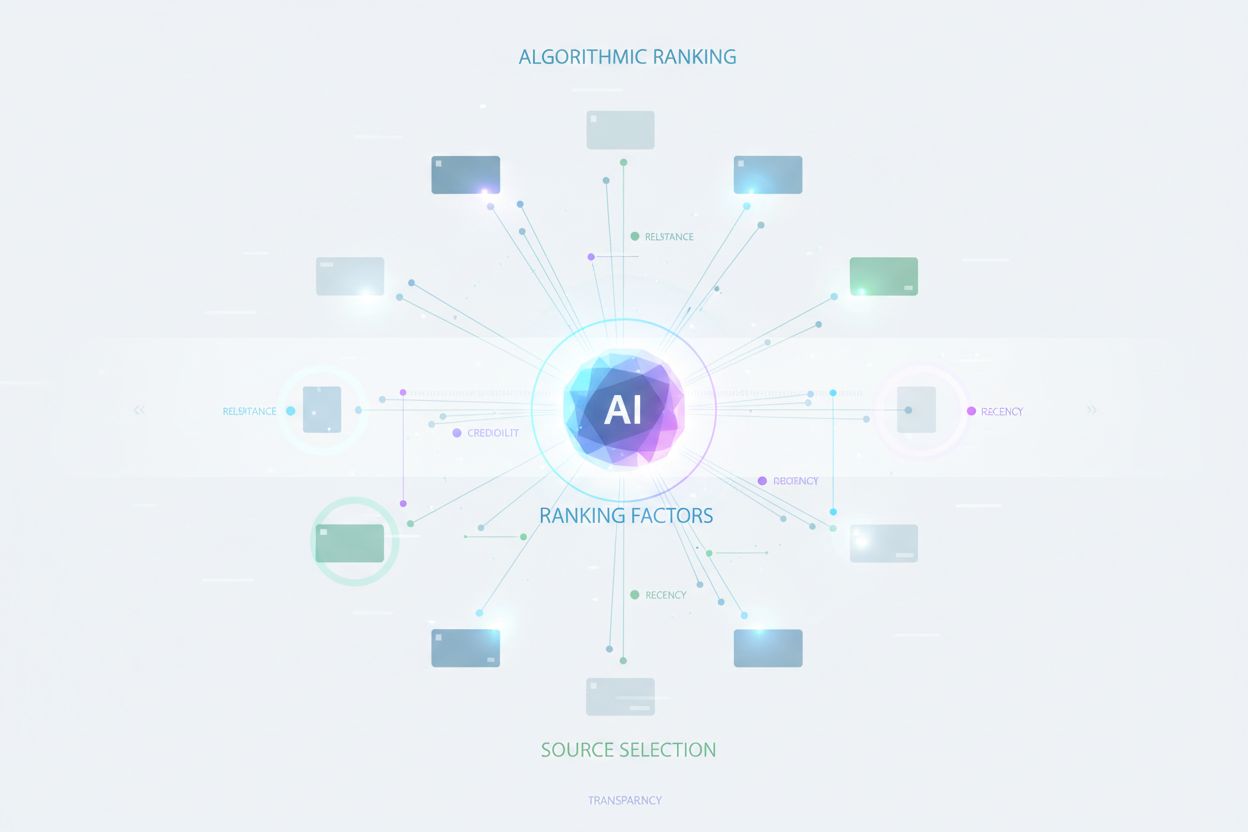 AI ranking transparency concept showing algorithm selecting and ranking sources
