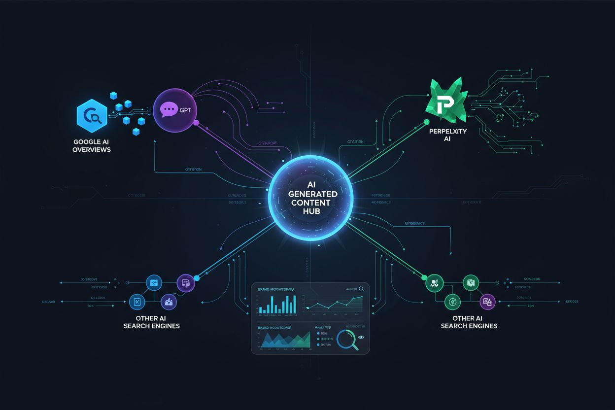 Conceptual illustration of AI content visibility across multiple platforms with monitoring dashboard