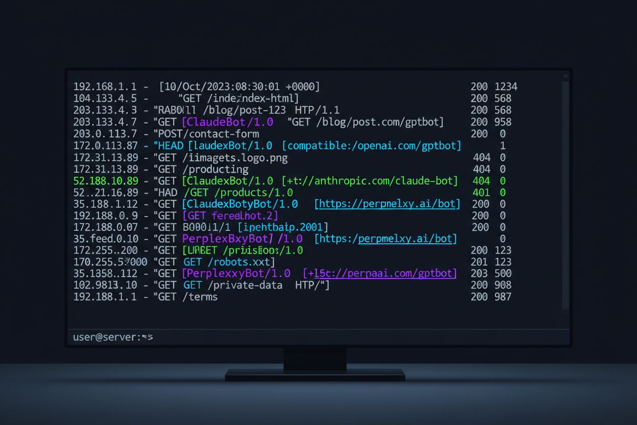 Server logs showing AI crawler entries with highlighted GPTBot, ClaudeBot, and PerplexityBot requests