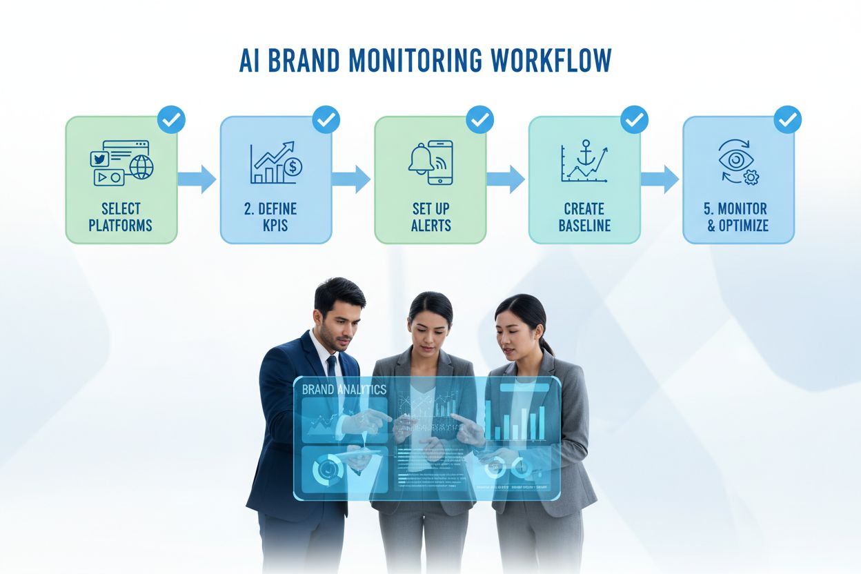 Step-by-step AI brand monitoring setup workflow showing platform selection, KPI definition, alert configuration, baseline creation, and optimization