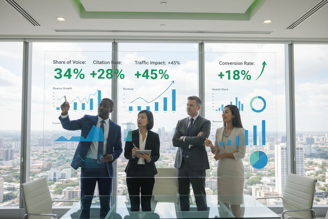 Diverse team analyzing ROI metrics and business impact data in modern conference room