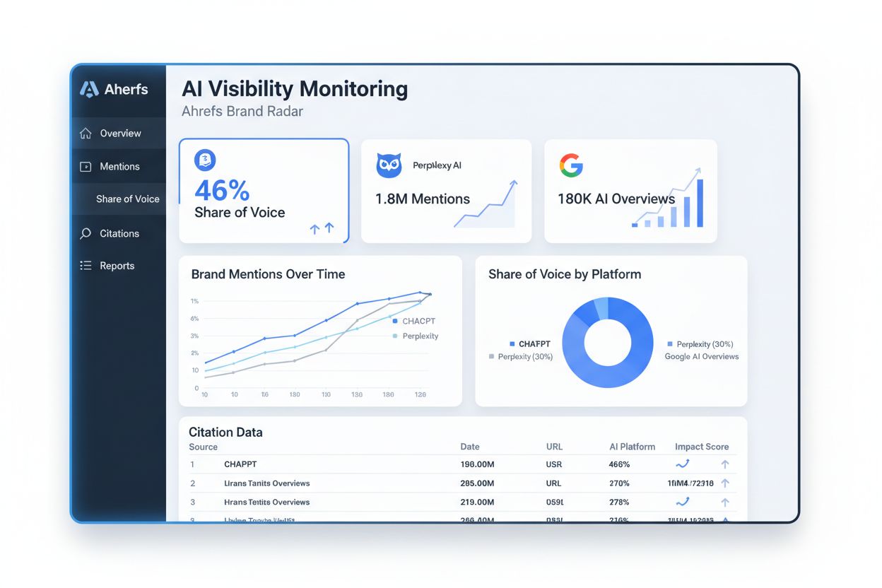 Ahrefs Brand Radar dashboardinterface met AI-zichtbaarheidsmonitoring