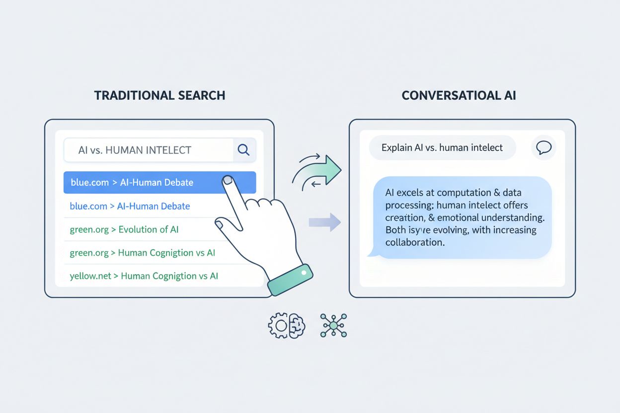 Comparação em tela dividida entre resultados de pesquisa tradicionais do Google e a interface de IA do ChatGPT