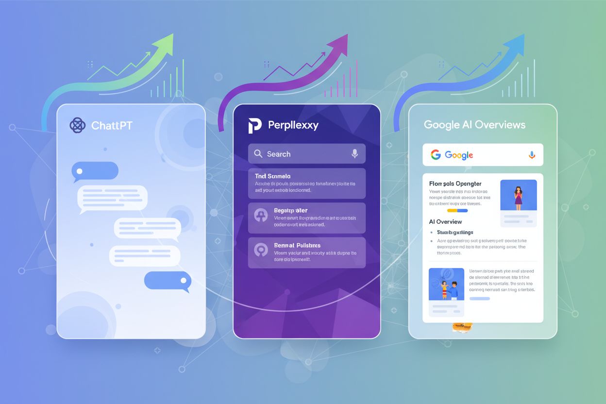 Ilustração das plataformas ChatGPT, Perplexity e Google AI Overviews como um ecossistema interconectado