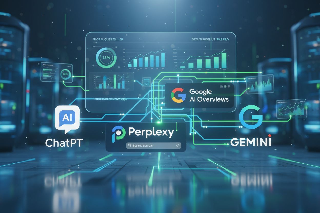 AI search ecosystem showing interconnected platforms ChatGPT, Perplexity, Google AI Overviews, and Gemini with data flows and analytics