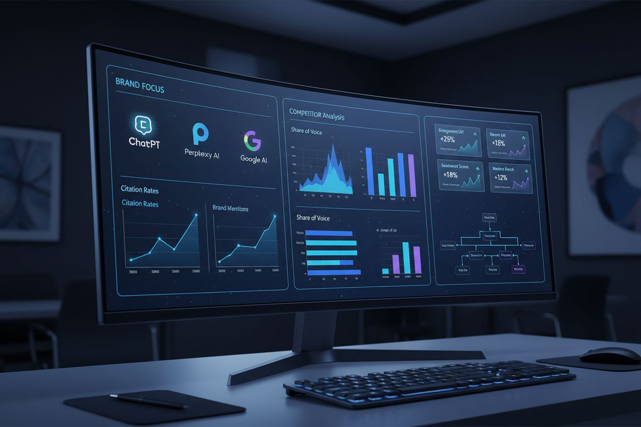 AI visibility monitoring dashboard showing brand mentions across ChatGPT, Perplexity, and Google AI Overviews