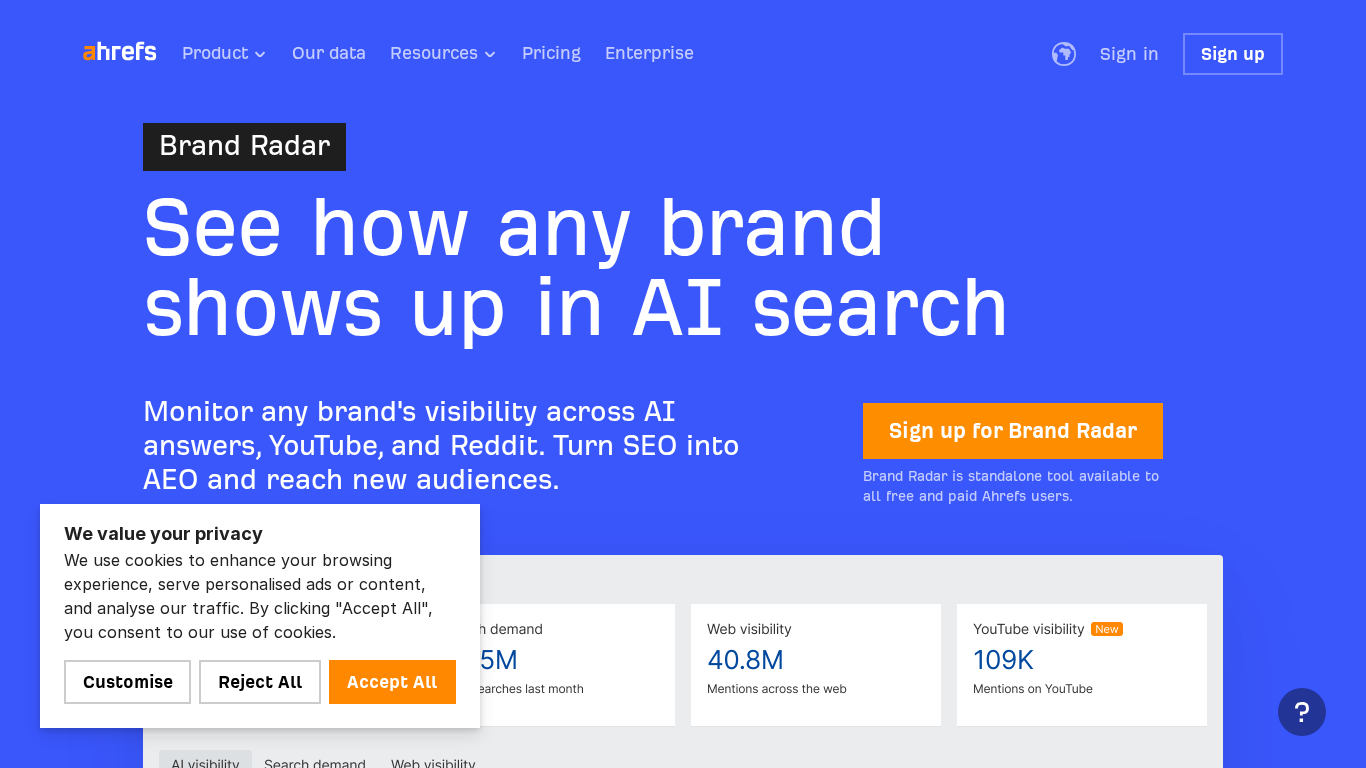 Ahrefs Brand Radar AI visibility tracking integrated with SEO
