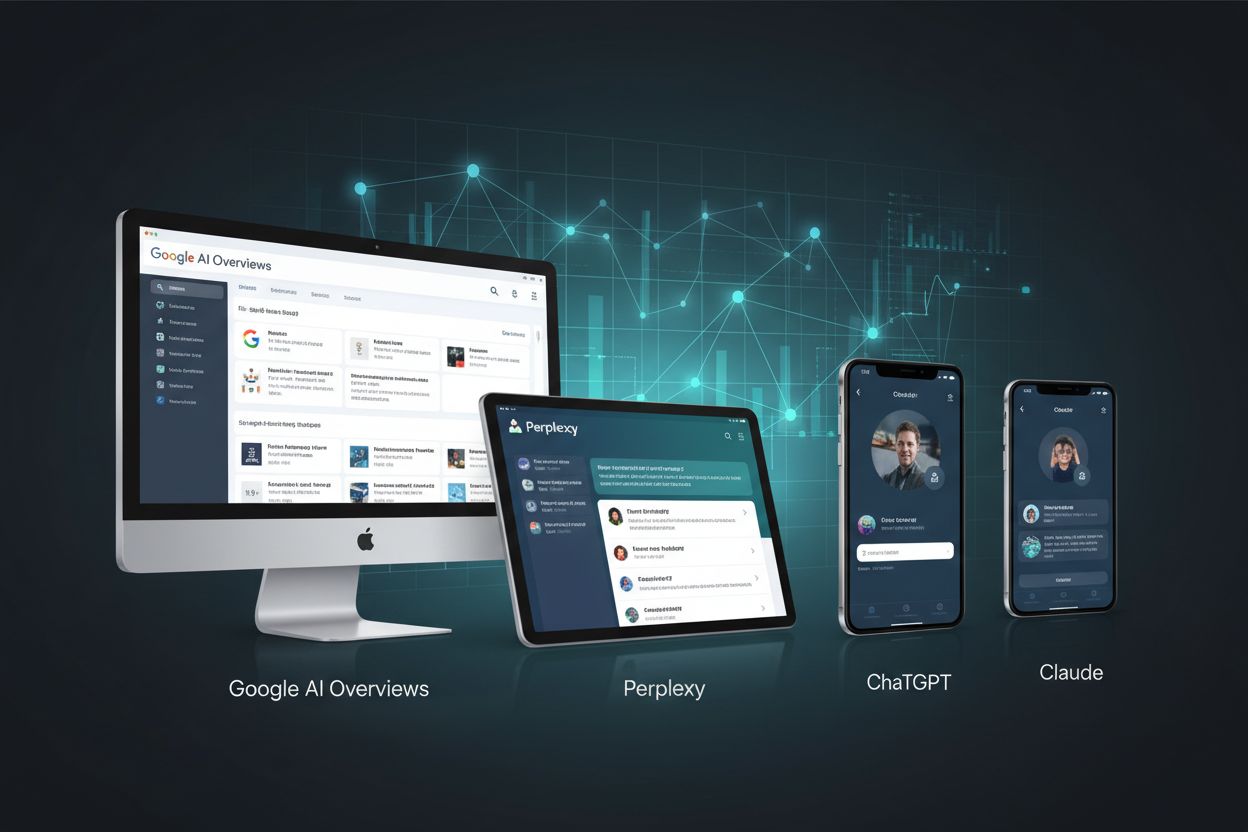 Meerdere AI-zoekplatforms weergegeven op verschillende apparaten, die zoekfragmentatie tonen