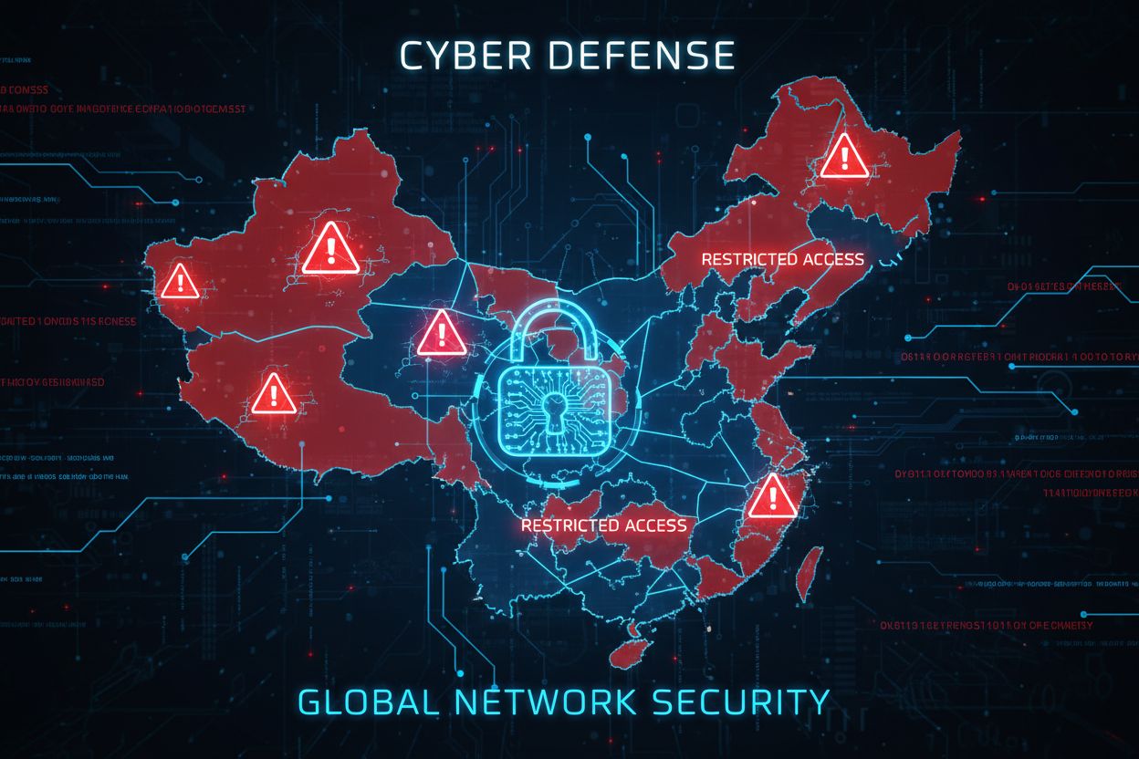 Digital security barrier showing ChatGPT access restrictions in China with blocked icons and warning symbols