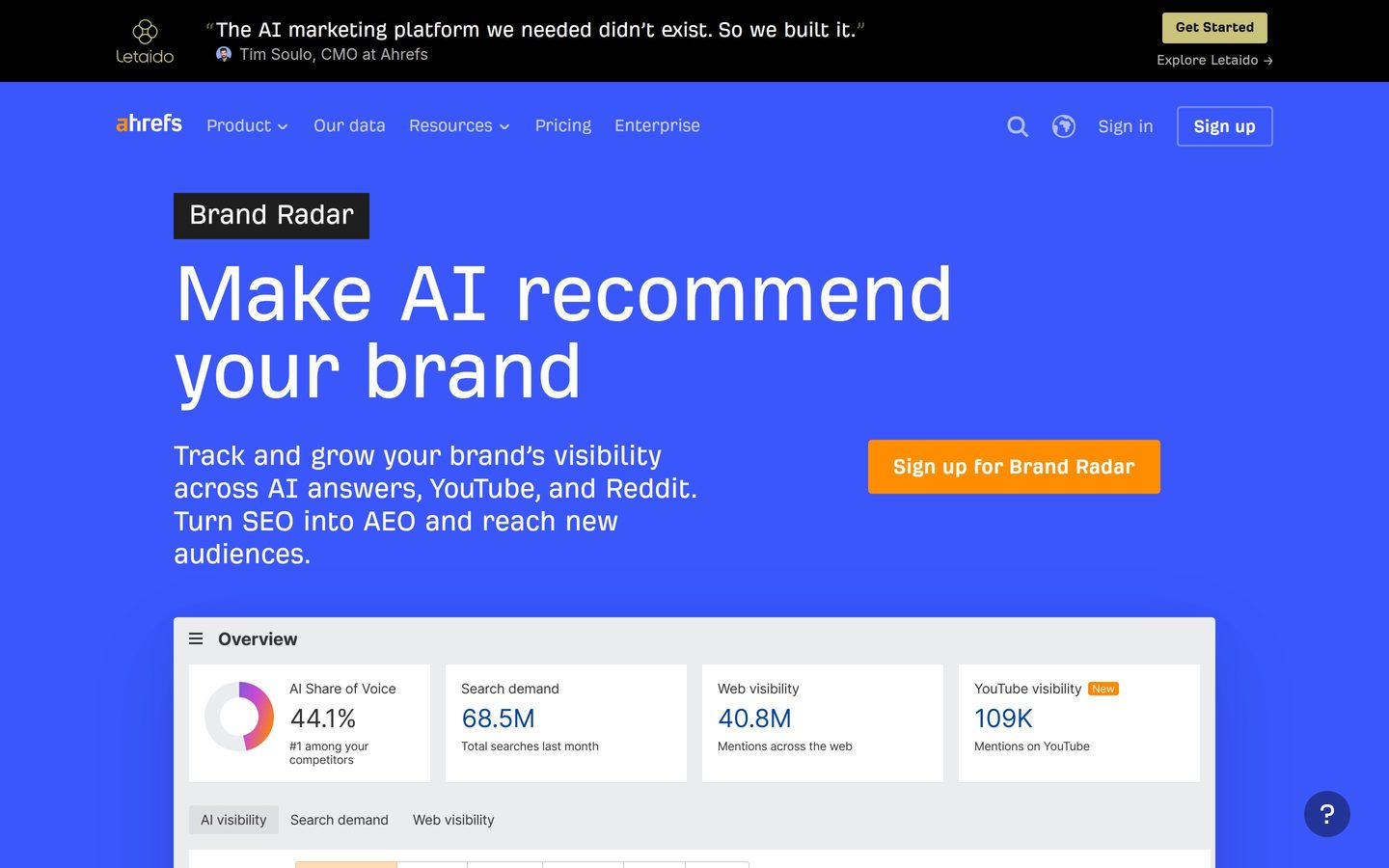 Página inicial do módulo de visibilidade em IA Ahrefs Brand Radar dentro do ecossistema SEO do Ahrefs