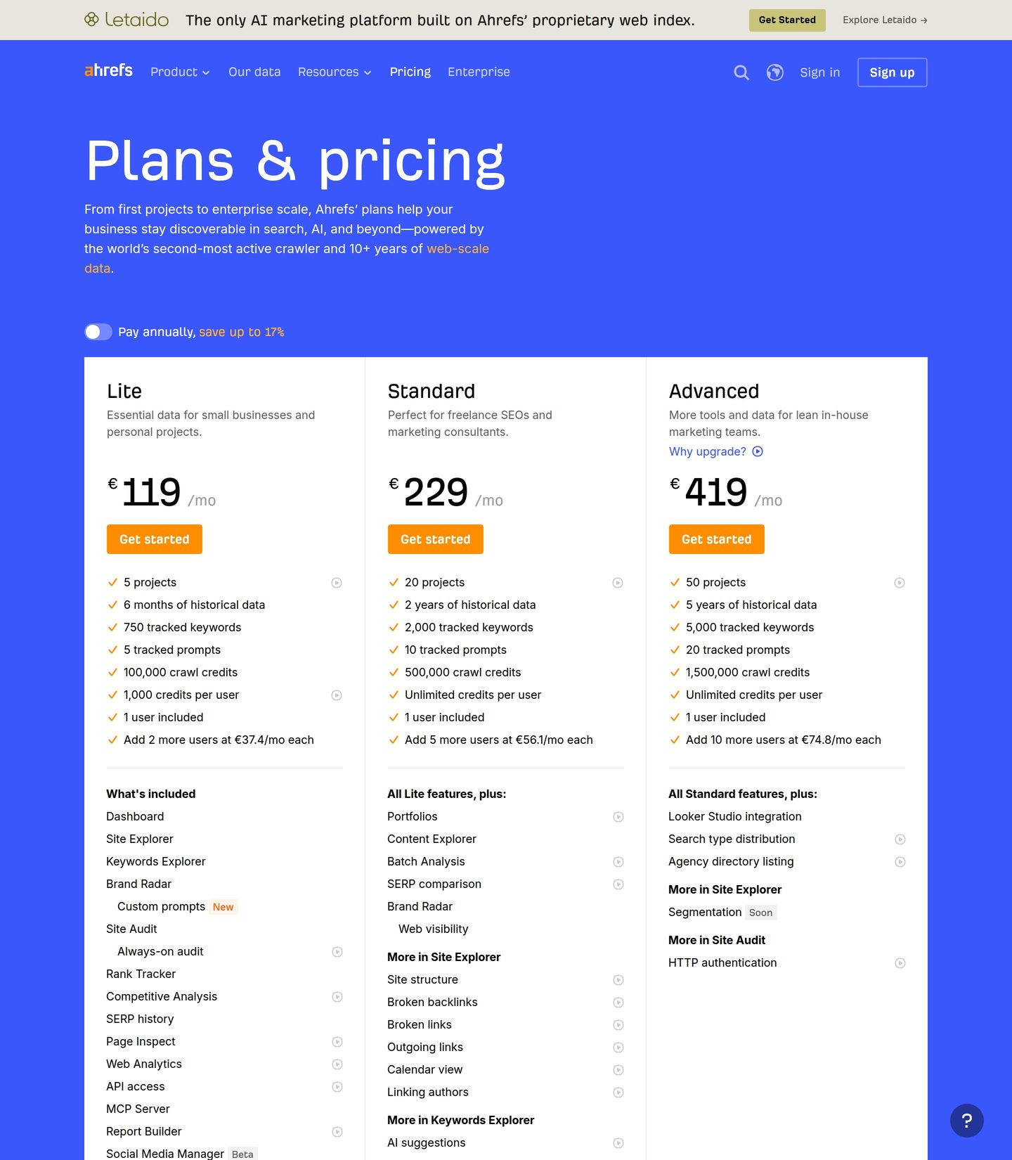 Preços do Ahrefs Brand Radar: add-on por índice de IA e pacote completo de seis plataformas sobre um plano base do Ahrefs