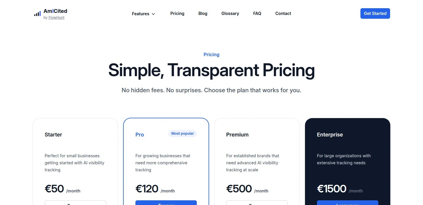 Am I Cited pricing plans showing Starter at 50 euros, Pro at 120 euros and Premium at 500 euros per month